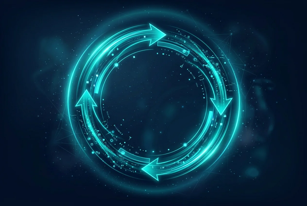 Circular feedback loop diagram showing user behavior feeding into algorithm updates, rendered as flowing light on dark background