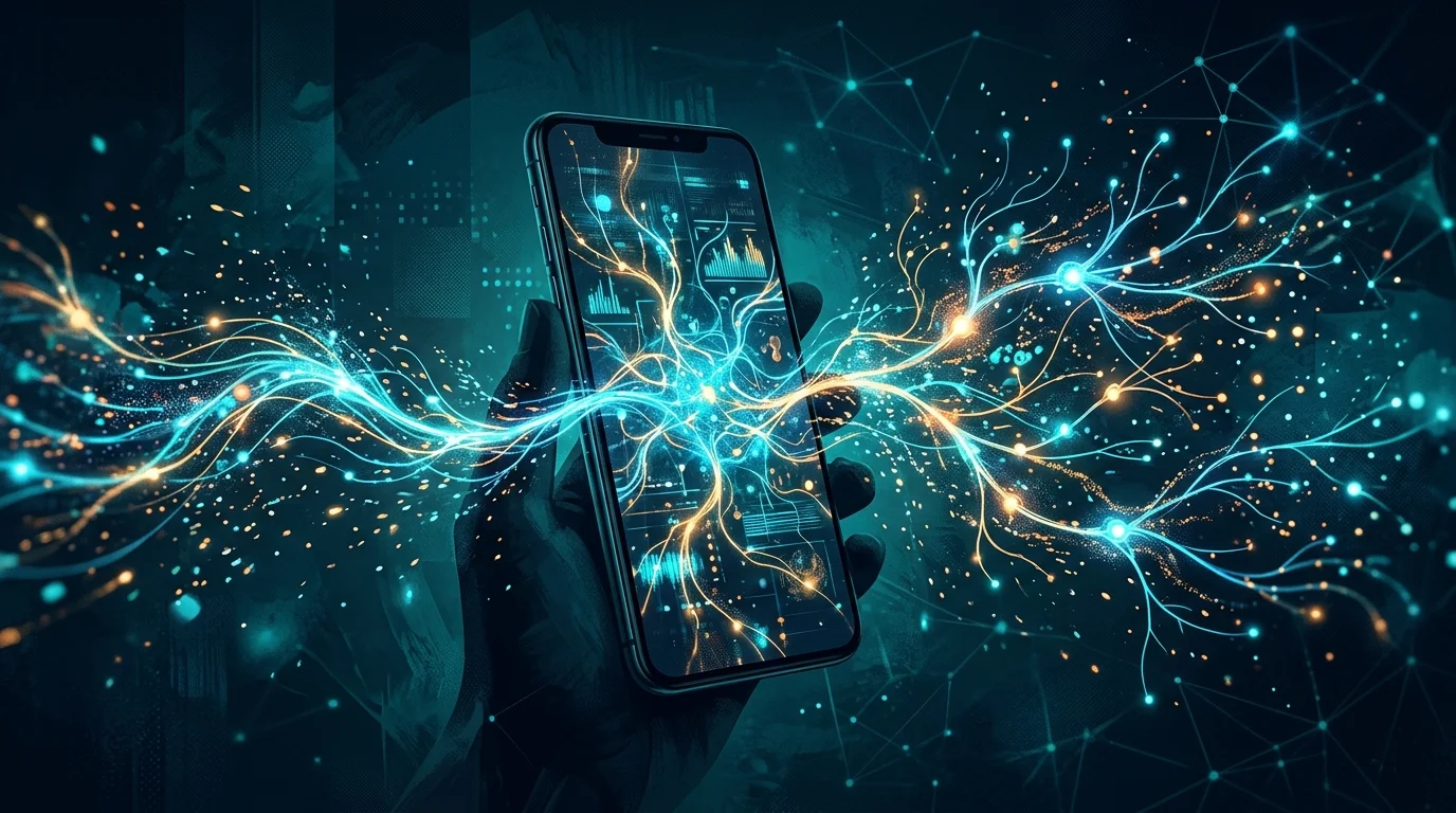 Abstract visualization of AI attention algorithms as glowing data streams flowing into a smartphone screen