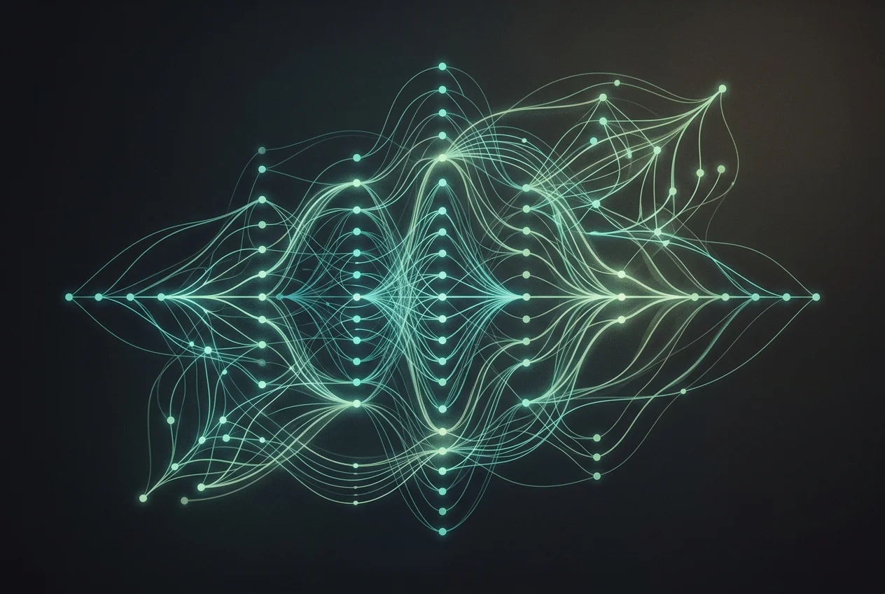 Conceptual illustration of a recommendation engine as a glowing neural network map with user behavior signals flowing in