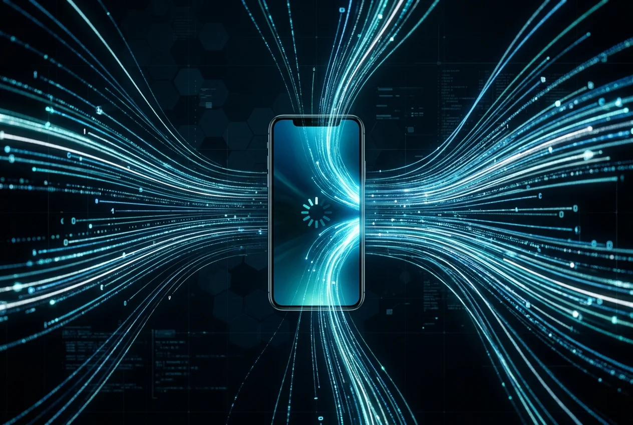 Abstract visualization of algorithmic feed acceleration — streams of light converging into a smartphone screen, cool blue and teal tones