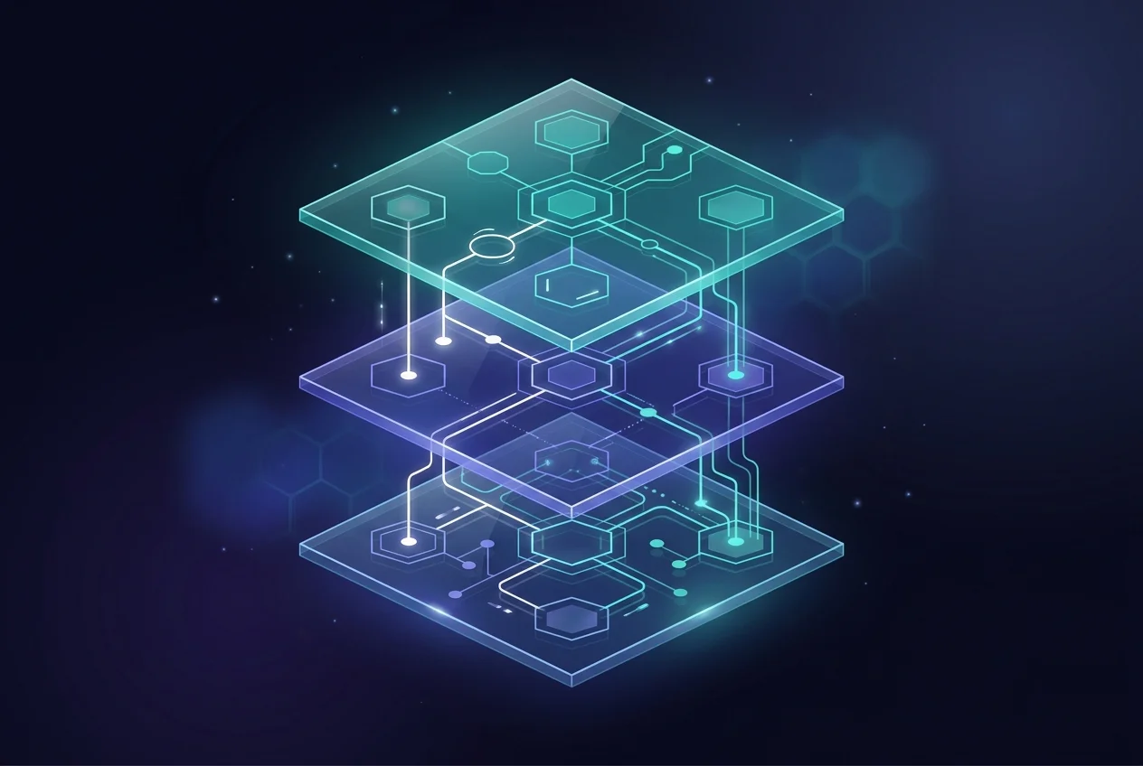 Abstract diagram showing three interconnected framework layers labeled with teal icons, clean tech illustration