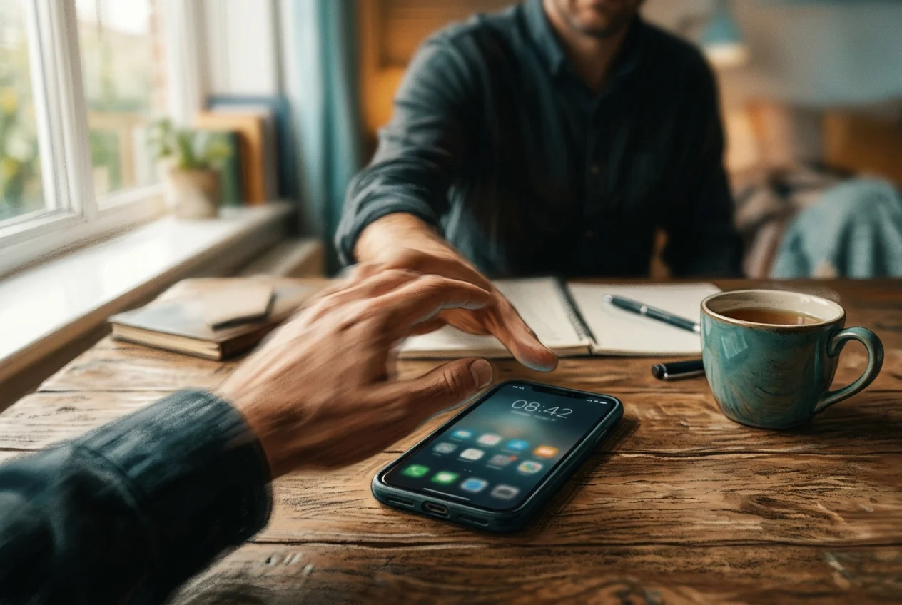 Hand reaching instinctively toward a smartphone on a desk, blurred background, teal ambient light