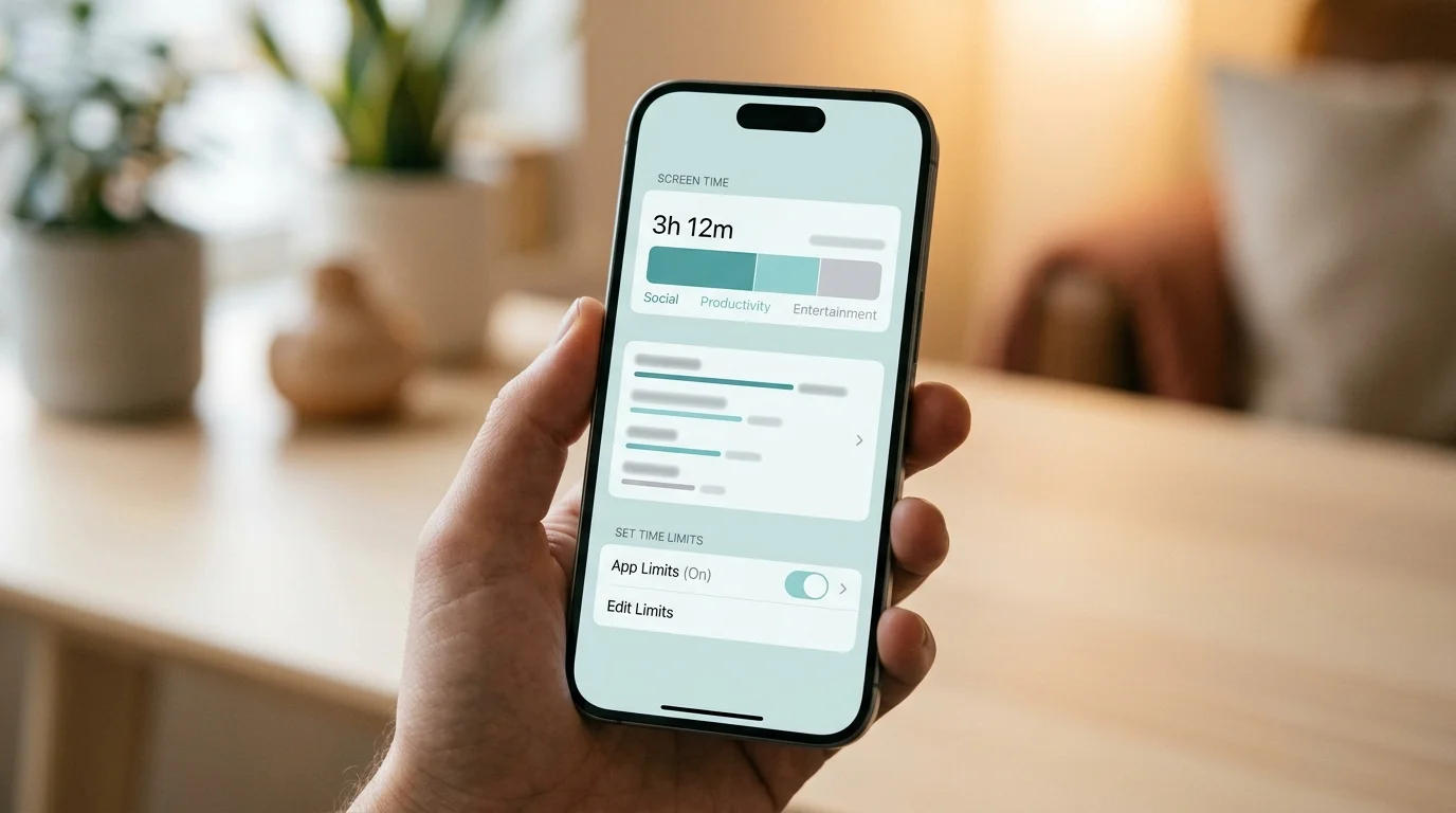 iPhone screen showing Screen Time settings with app usage charts, teal and white minimal design