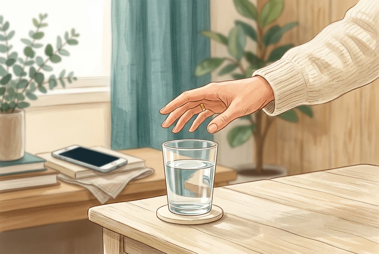 Illustration of a pause moment before opening a phone app, gentle friction as a barrier to compulsive use