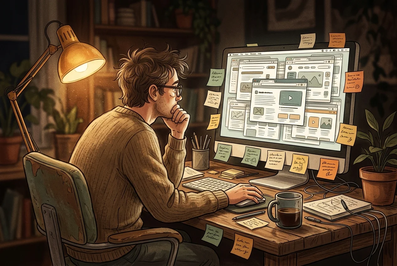 Person at a desk with scattered open browser tabs and notifications, looking overwhelmed, warm amber light, editorial illustration style