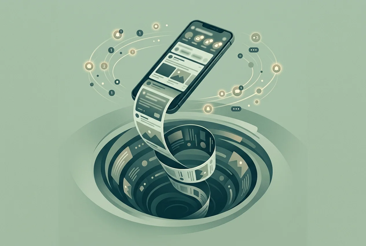 Illustration of a smartphone with glowing notification badges and an infinite scroll feed extending off the screen like a hook