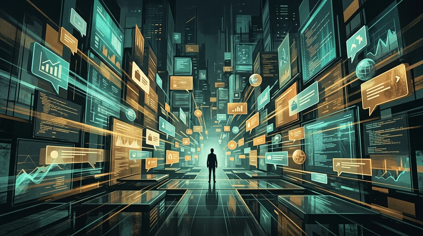 Abstract marketplace of glowing screens and notifications competing for a single human figure's gaze — attention economy explained