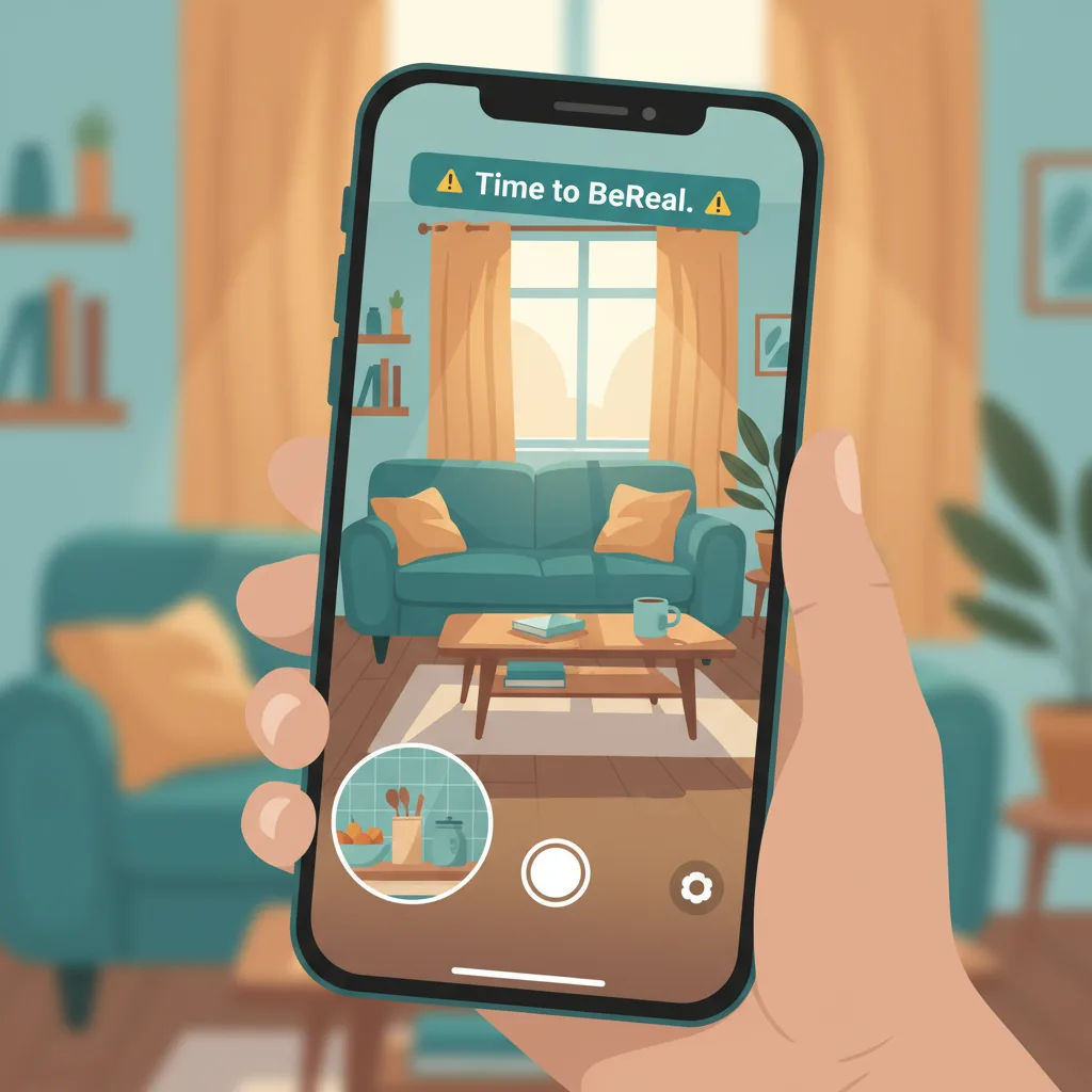 Phone showing a spontaneous dual-camera social media post, representing the BeReal and Candid Stories format