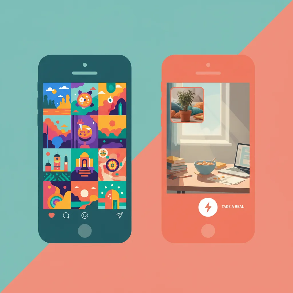 Two phones side by side — one showing a polished Instagram grid, one showing a raw BeReal dual-camera moment