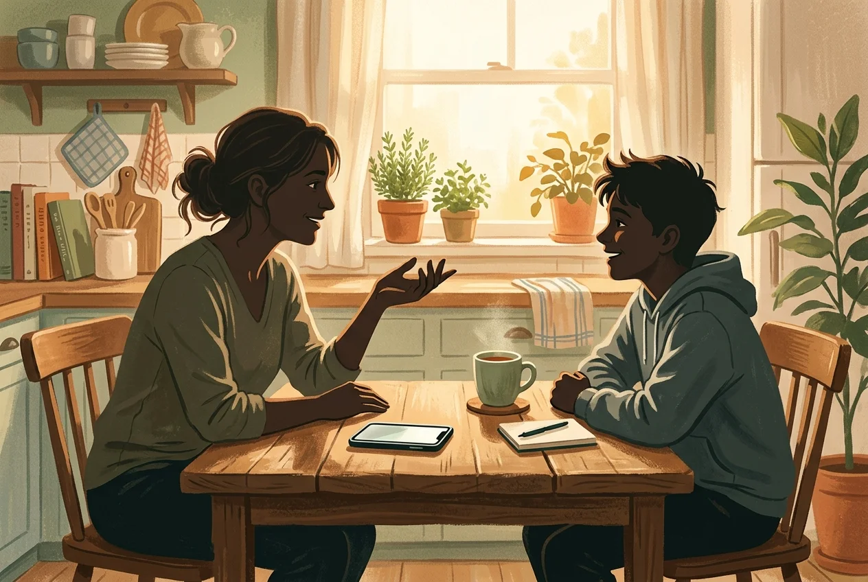 Parent and teenager sitting at a kitchen table in relaxed conversation, phone between them on the table