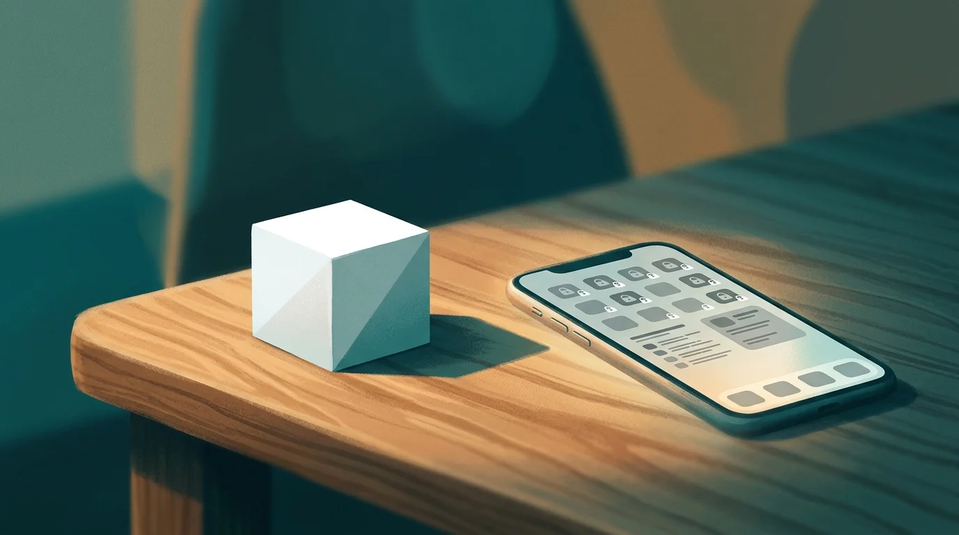 Small white NFC cube placed on a desk beside a smartphone with blocked apps, teal and warm neutral tones
