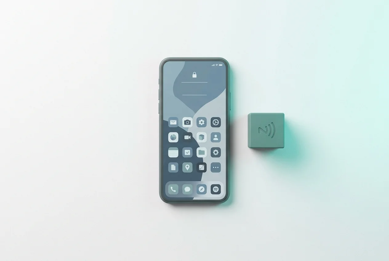 Phone screen showing blocked app with a prompt to tap the NFC Brick device to unlock