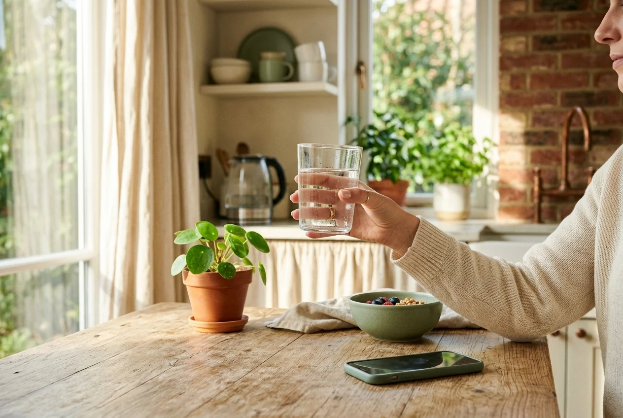 Hand taking a sip of water from a glass before picking up a smartphone, clean natural lighting