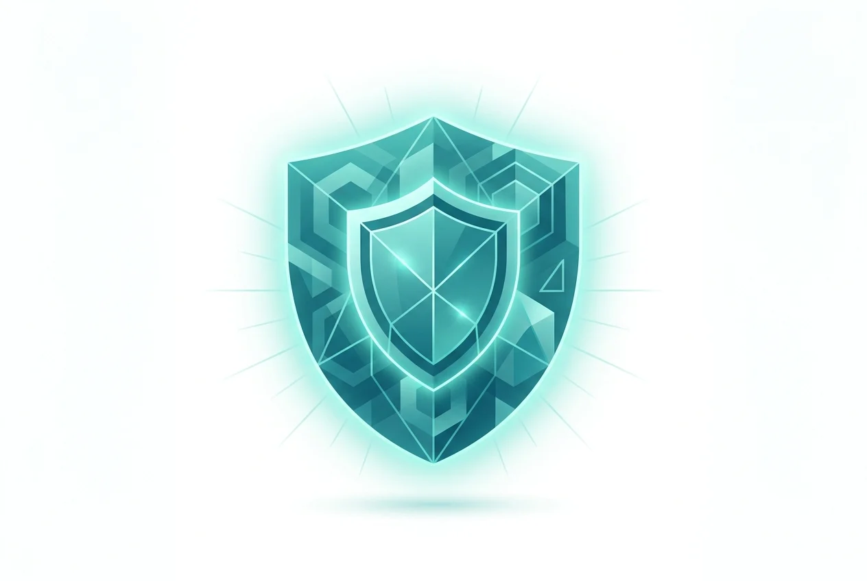 Clean digital shield icon surrounded by content filtering symbols on a teal and white background