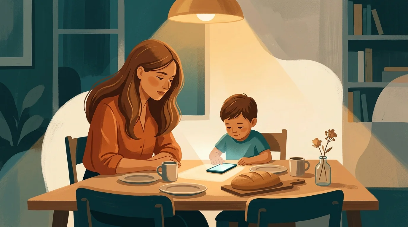 Parent and child at a table, smartphone between them, warm light suggesting safety and digital oversight