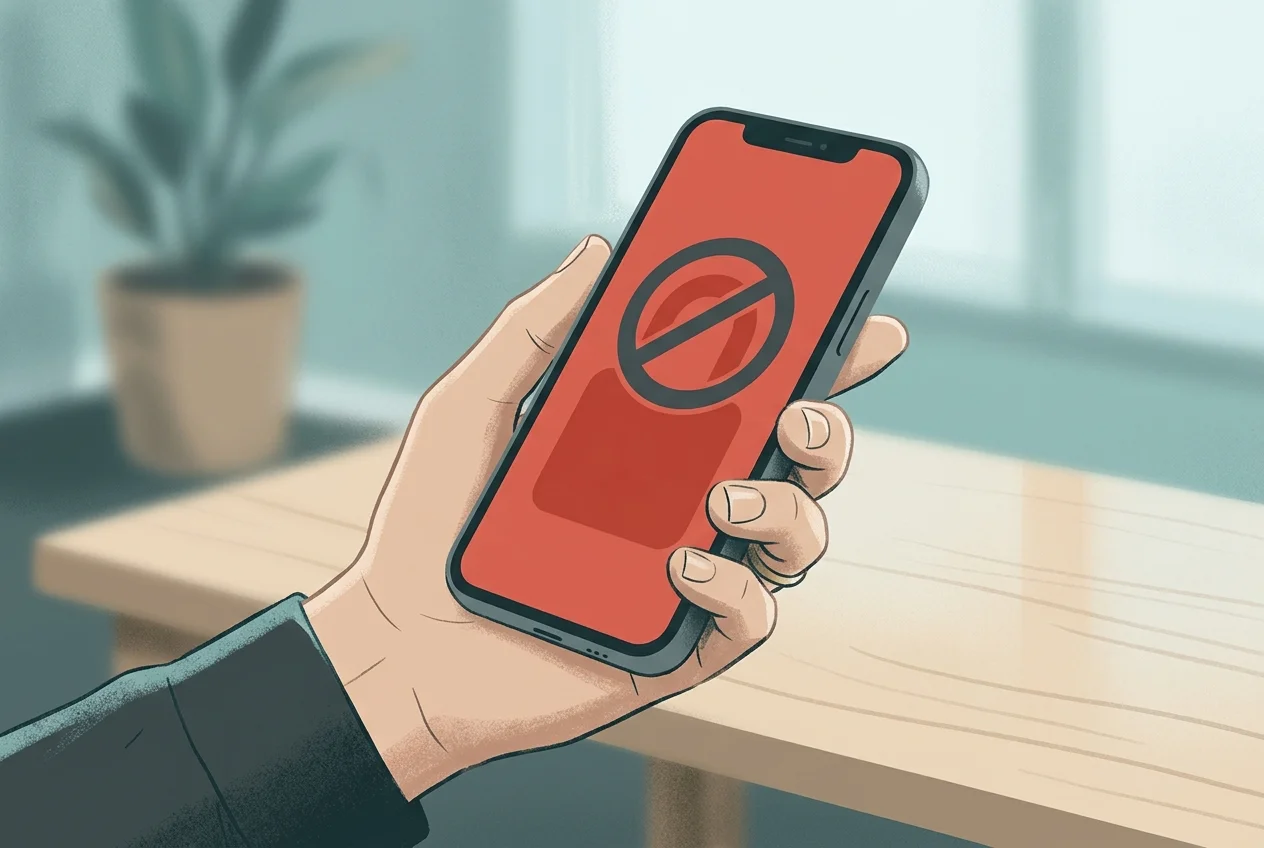 Smartphone screen showing blocked content warning overlay, representing parental control filtering limitations on iOS