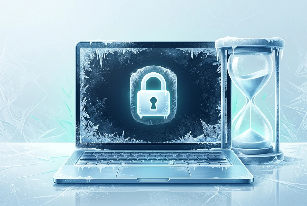 Laptop screen displaying a frozen lock timer with a countdown clock