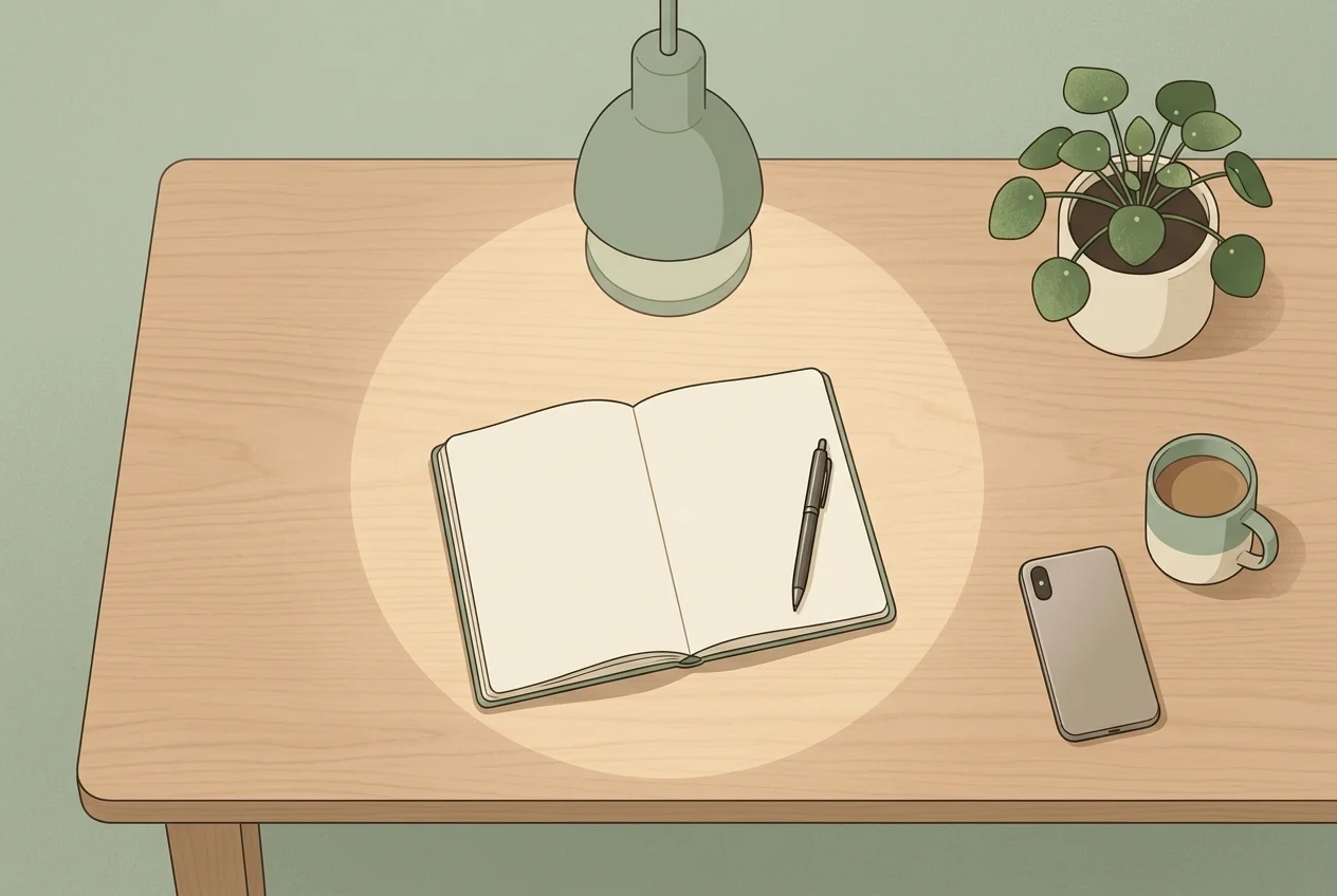 Minimalist workspace with phone turned face-down, single open notebook, and warm focused lamp light