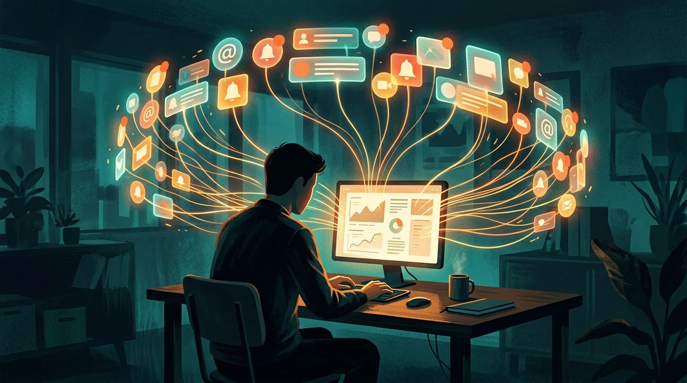 Person sitting at a desk surrounded by glowing notification badges pulling attention in multiple directions