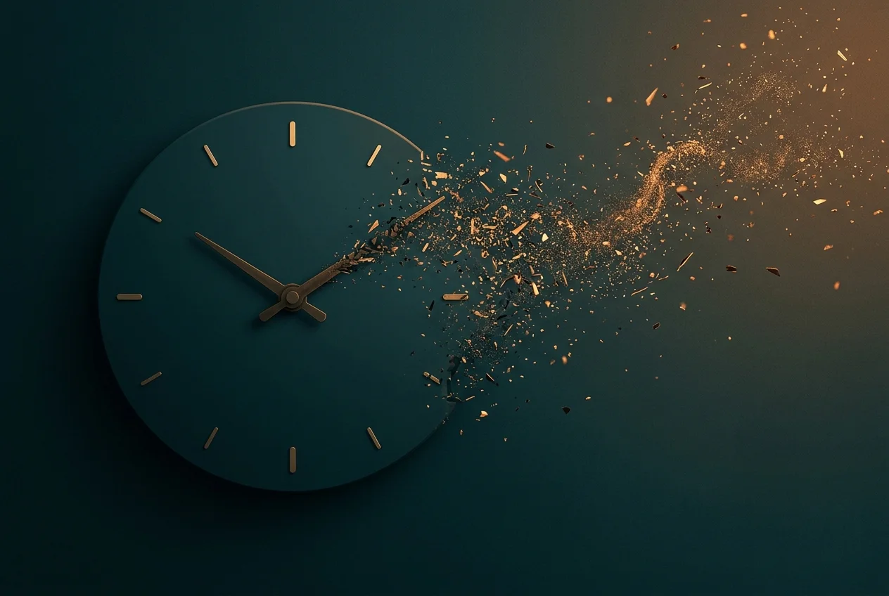 Clock face dissolving into scattered fragments representing minutes lost to task-switching overhead
