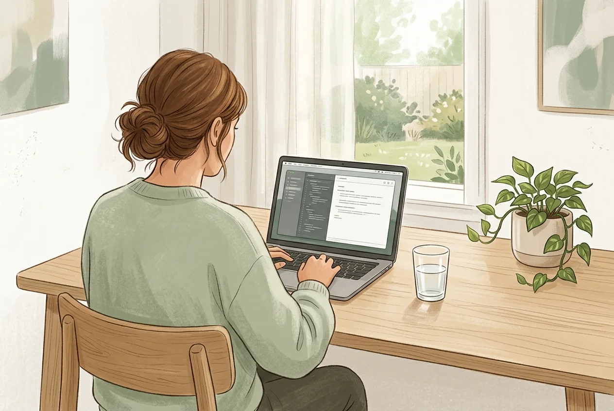 Person working at a clean desk with a glass of water, focused and uninterrupted without a phone nearby