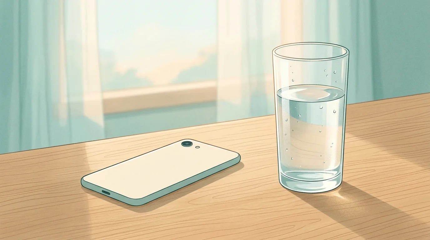 Phone face-down on a wooden table beside a glass of water and an open notebook during a digital detox