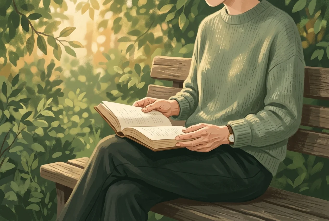 Person sitting on a park bench reading a book in natural morning light, calm and present, soft teal and green tones