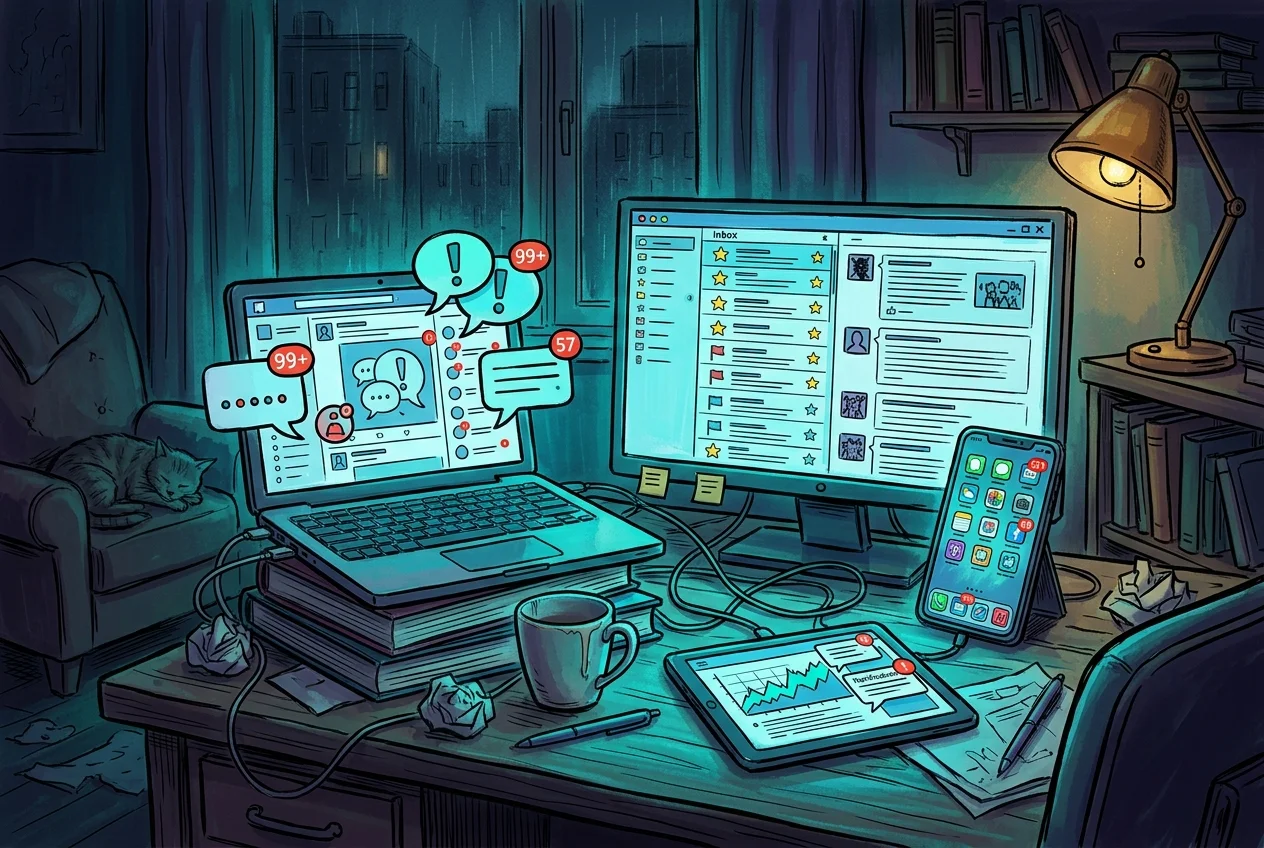 Cluttered desk with multiple devices and notifications glow, representing digital overwhelm before a detox