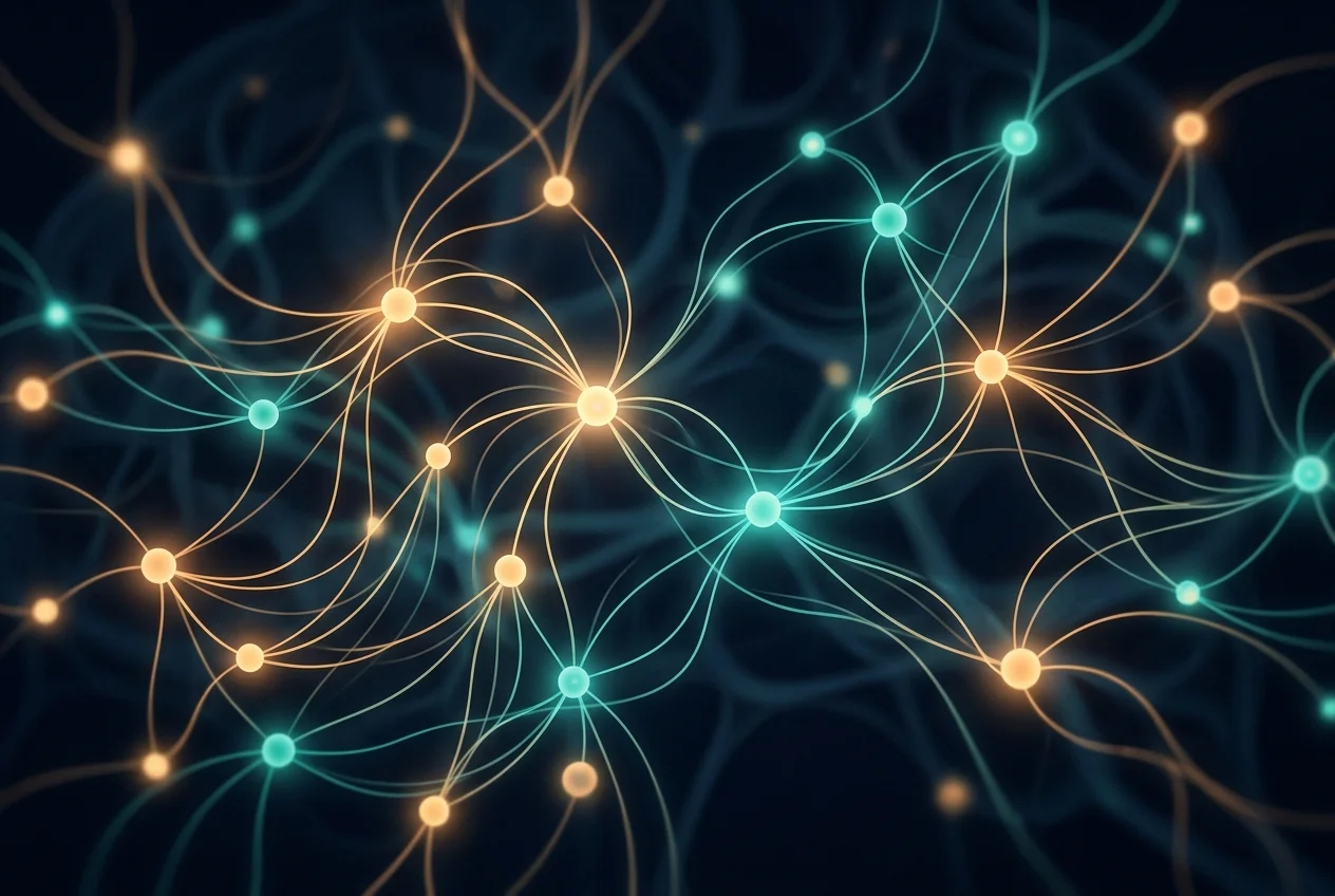 Abstract neural network visualization with warm amber and teal tones representing dopamine pathways in the brain