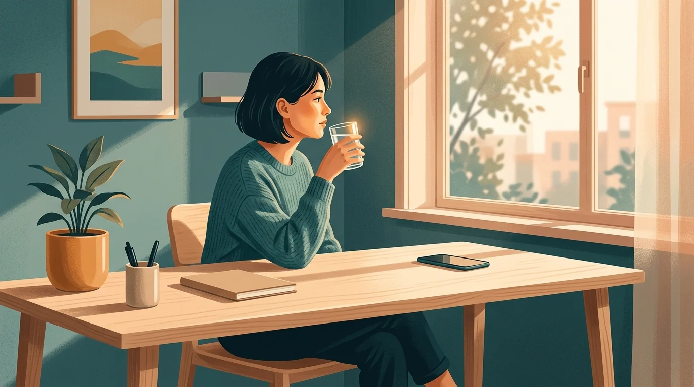 Person sitting at a desk with phone face-down next to a glass of water, looking out a sunlit window — dopamine detox guide