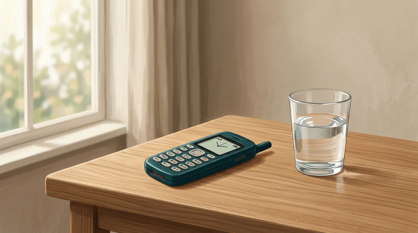 A simple feature phone resting on a wooden table beside a glass of water, calm minimalist setting, dumb phone experiment