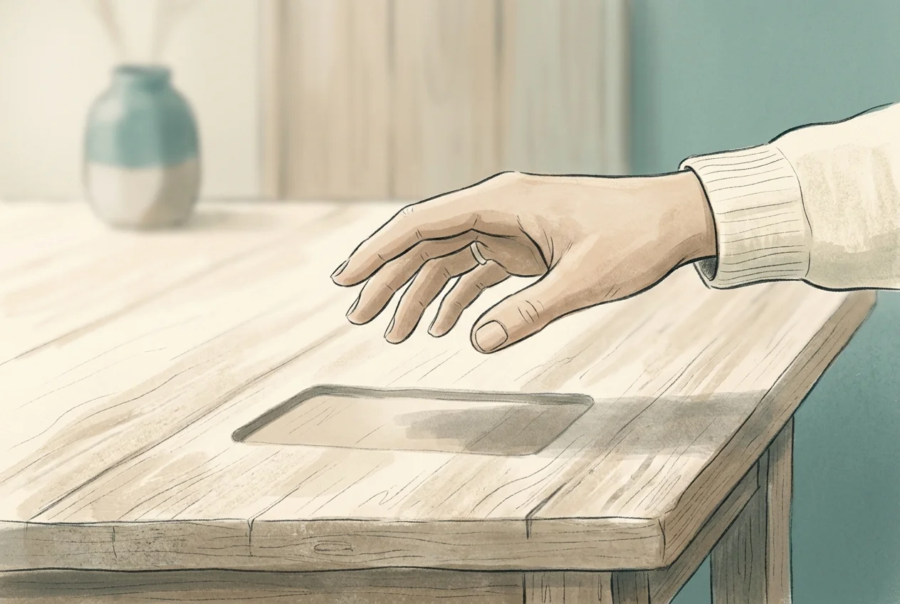 Empty hand reaching toward a wooden table where a smartphone would normally be, sparse minimalist interior with natural light