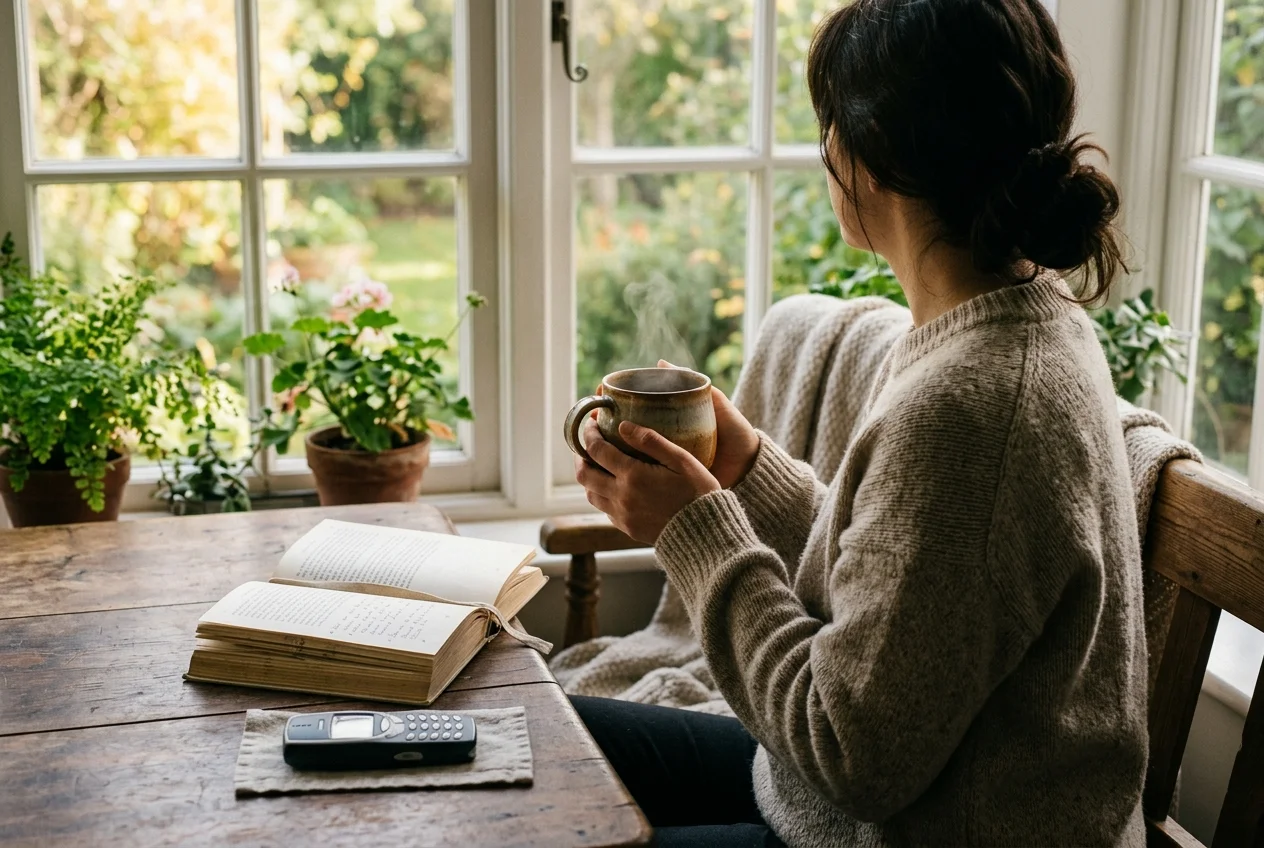 Person sitting at a window with morning coffee and a book, phone face-down nearby, calm and present, dumb phone lifestyle