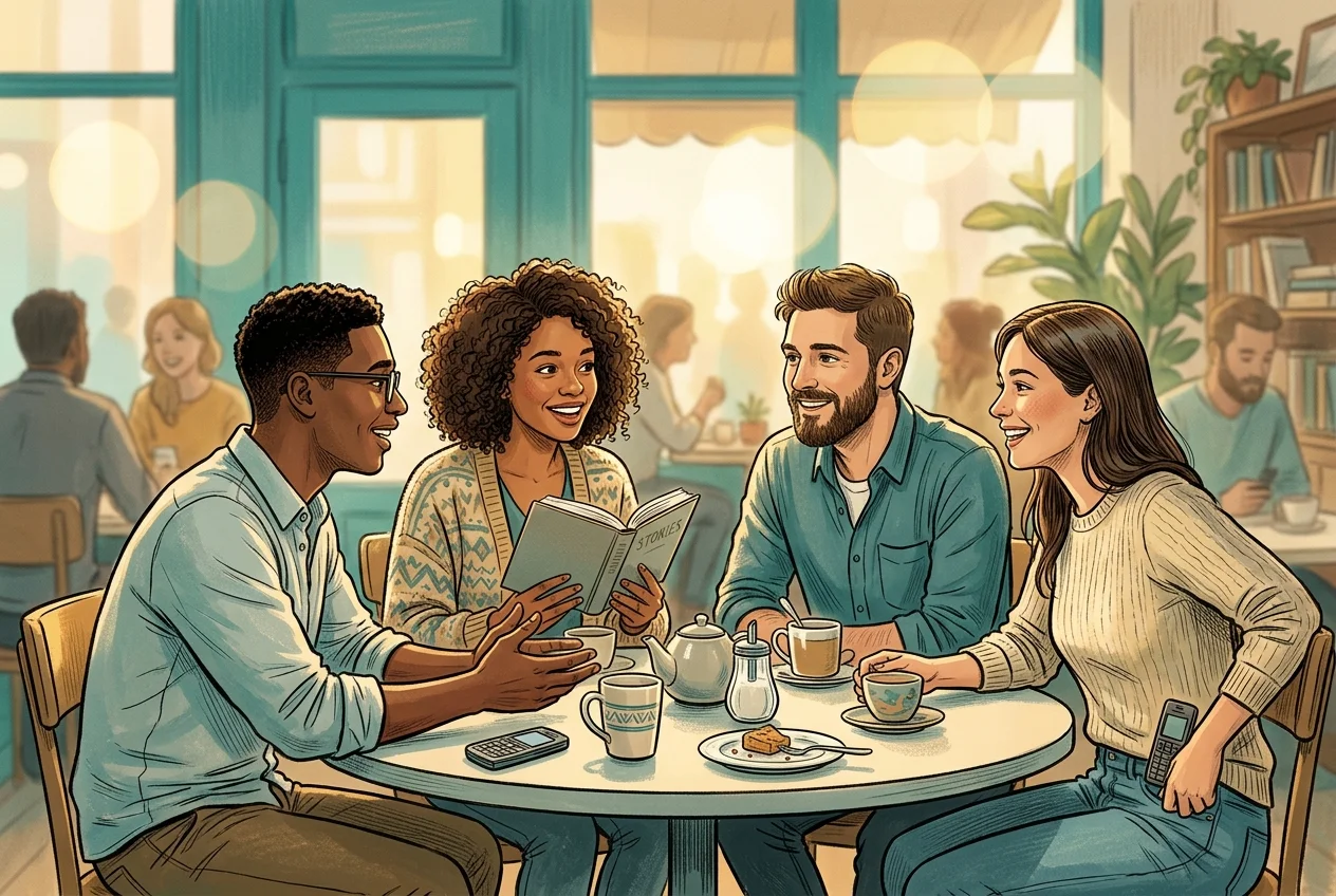Diverse group of young adults in a coffee shop, some with simple phones, relaxed and present