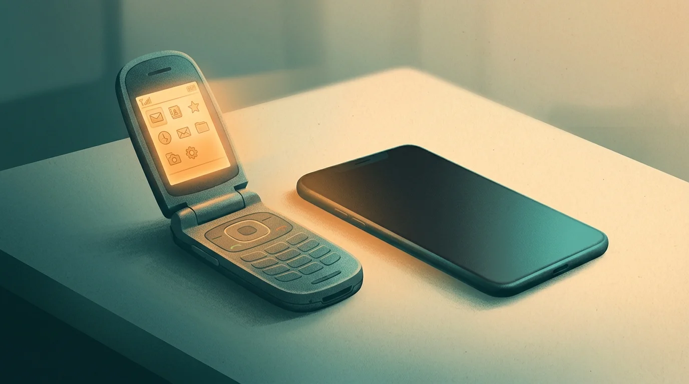 A classic flip phone placed beside a modern smartphone on a wooden table, representing the flip phone trend 2026