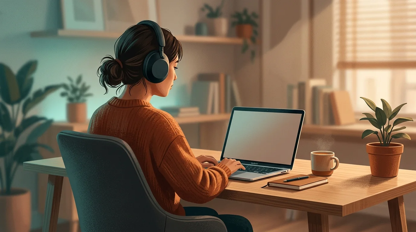 Person with headphones on sitting at a clean desk with a laptop, soft teal ambient lighting suggesting a focus state