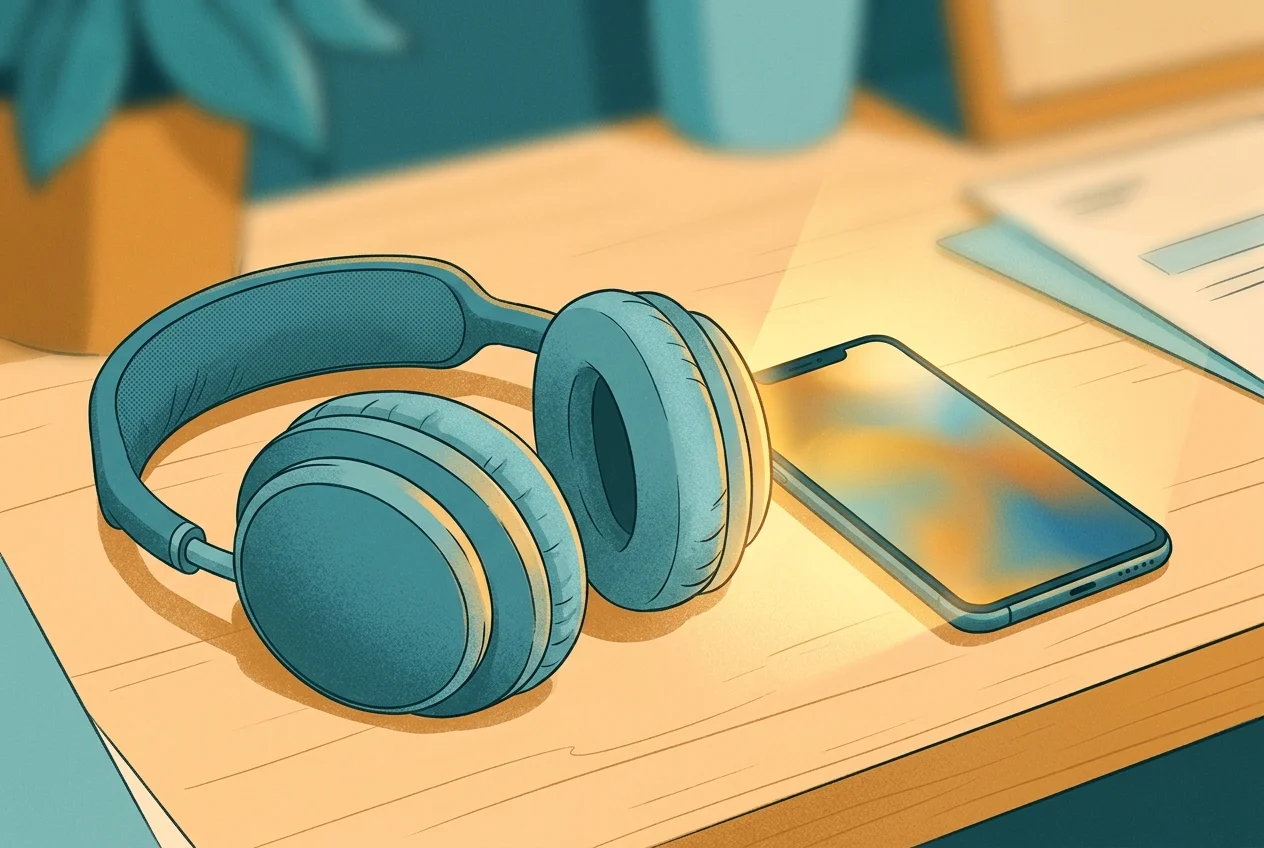 Smartphone screen glowing with social media notifications next to noise-canceling headphones, split attention metaphor