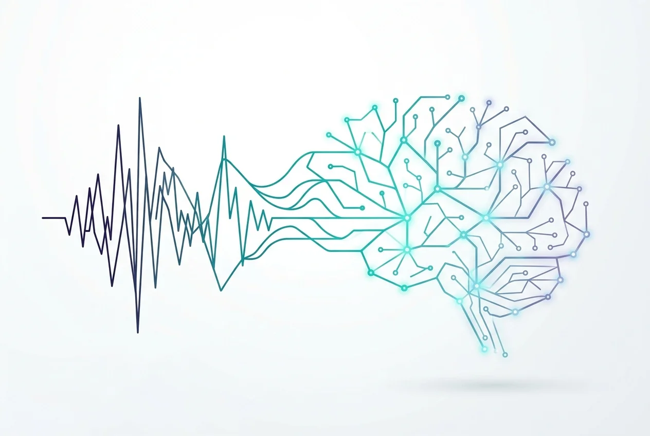 Abstract visualization of sound waves and neural activity, teal and amber tones, conceptual illustration