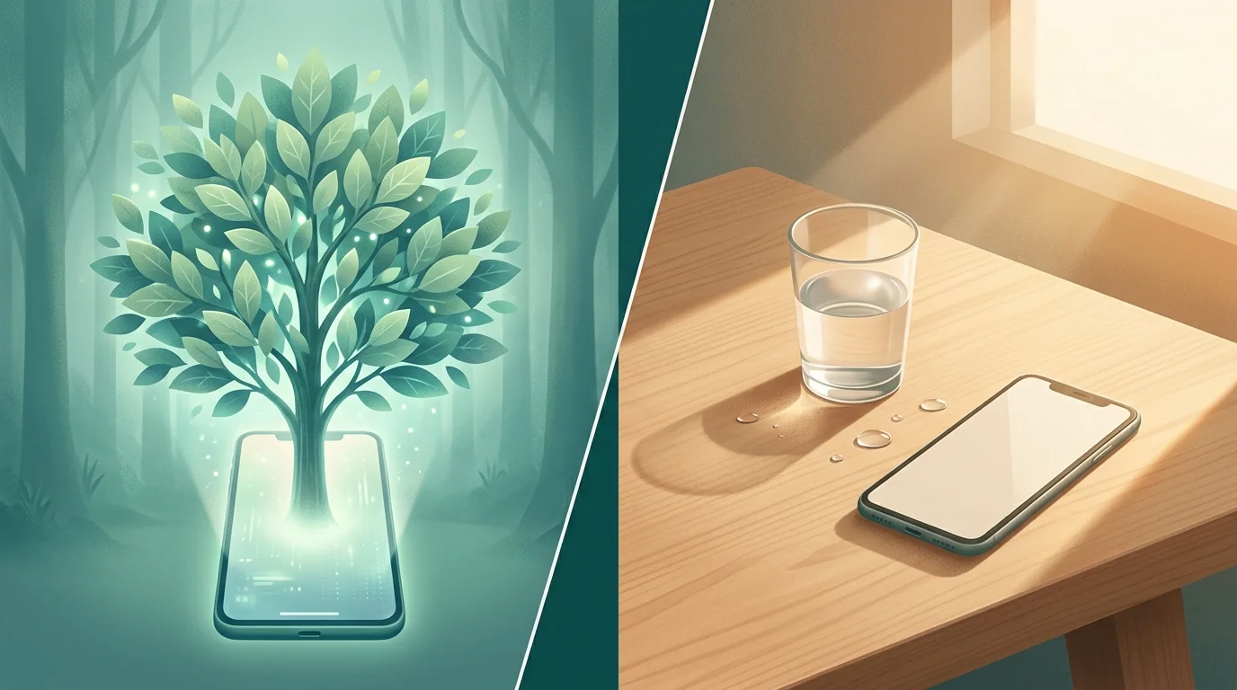 Split scene of a glowing virtual tree growing on a phone screen beside a glass of water — forest app alternative comparison