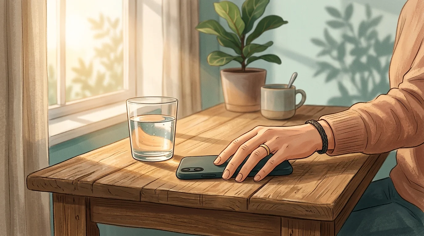 Person setting down a smartphone and looking out a window toward natural light, symbolizing phone addiction recovery