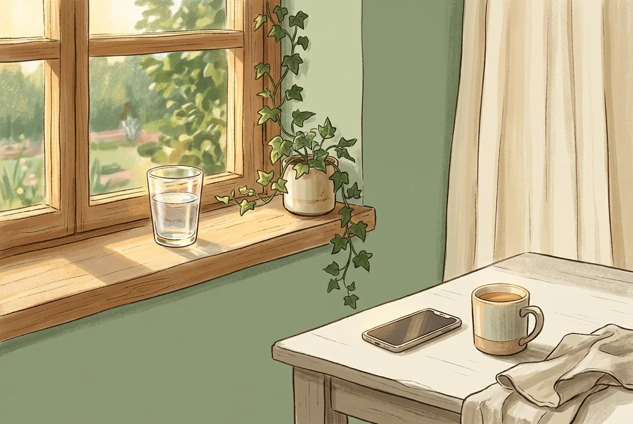 Calm morning scene with a glass of water on a windowsill, no phone in sight, representing a dopamine reset period