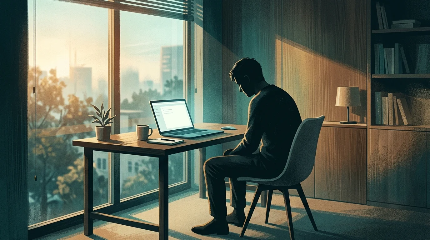 Person sitting at a cluttered desk looking exhausted, laptop open, phone face-down, sunlight coming through the window