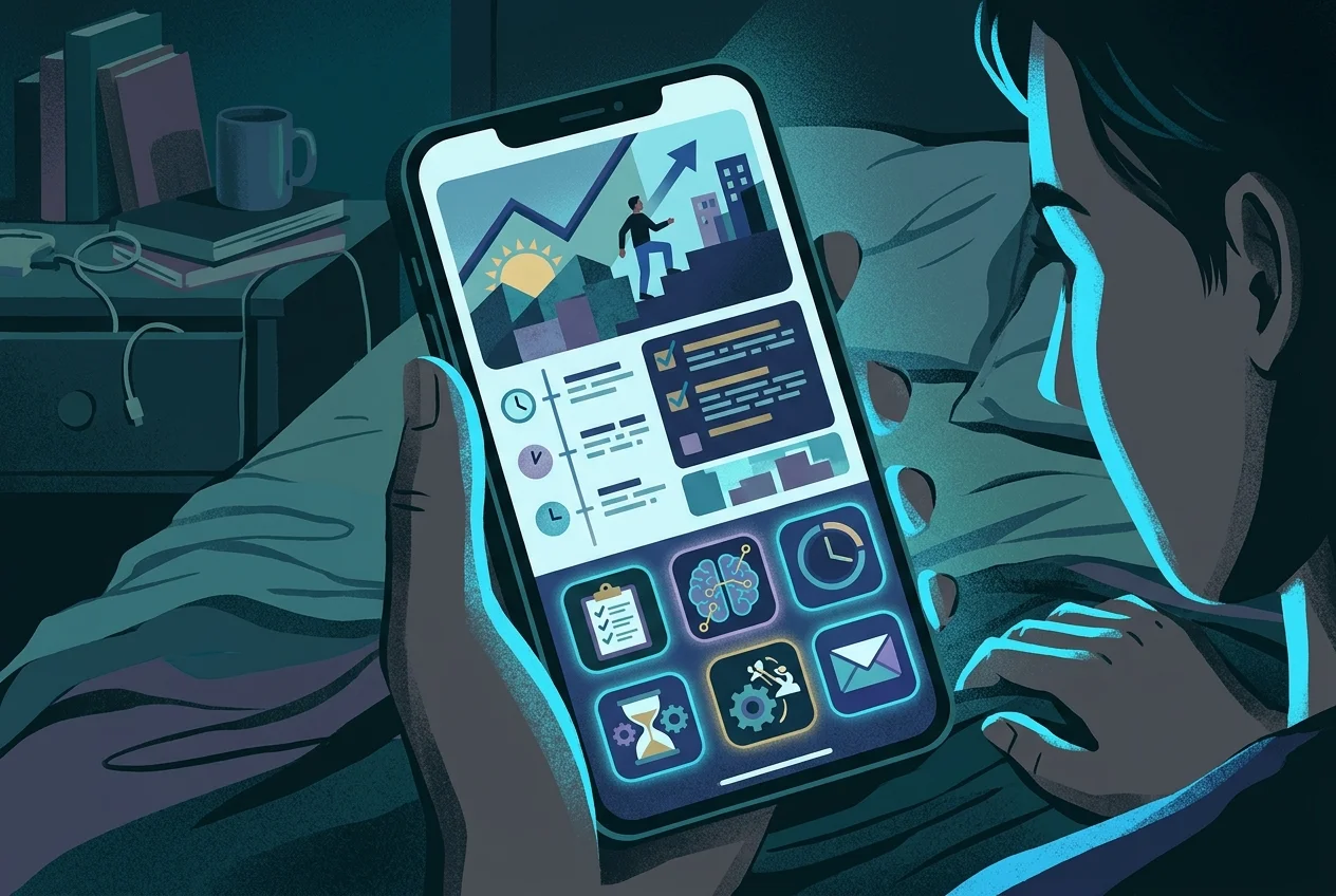 Phone screen showing motivational productivity content and 'rise and grind' social media posts