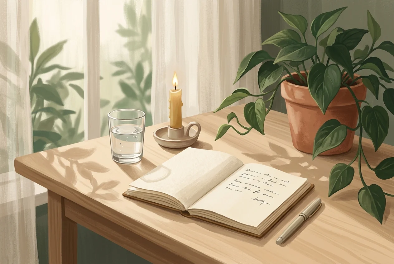 Cozy workspace with candle, journal, and glass of water — representing the soft life aesthetic and intentional rest