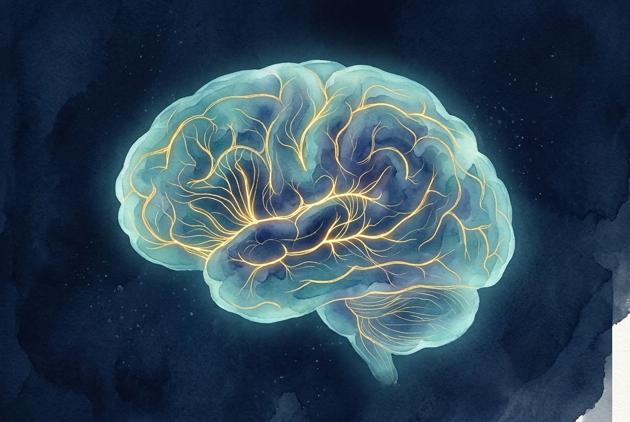 Conceptual illustration of a developing adolescent brain with glowing neural pathways against a dark teal background