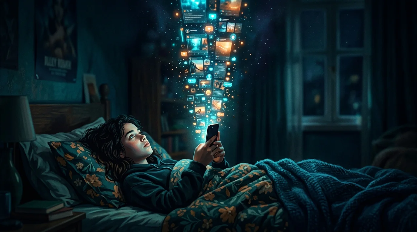 Teenage girl lying on bed at night, face illuminated by phone screen showing an infinite social media feed