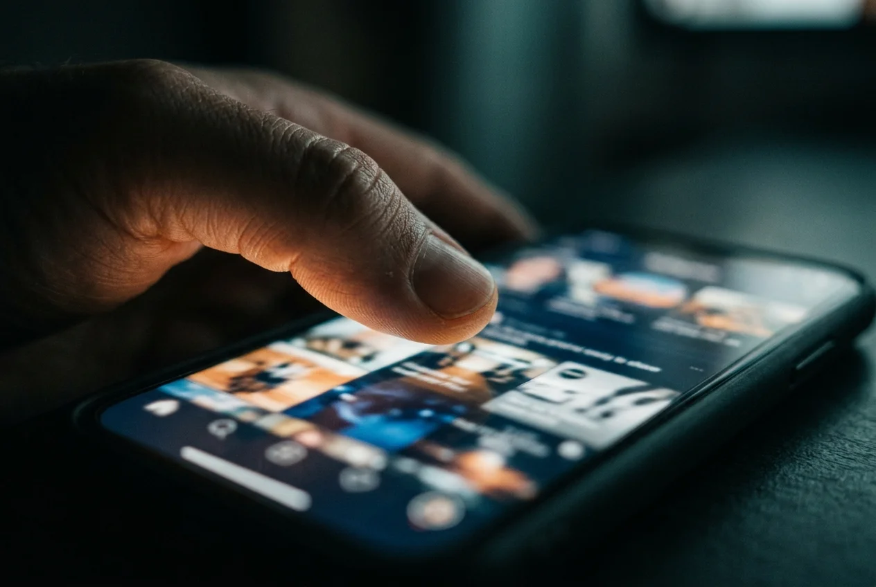 Close-up of a thumb scrolling through a glowing smartphone feed in a dark room, teal and amber light