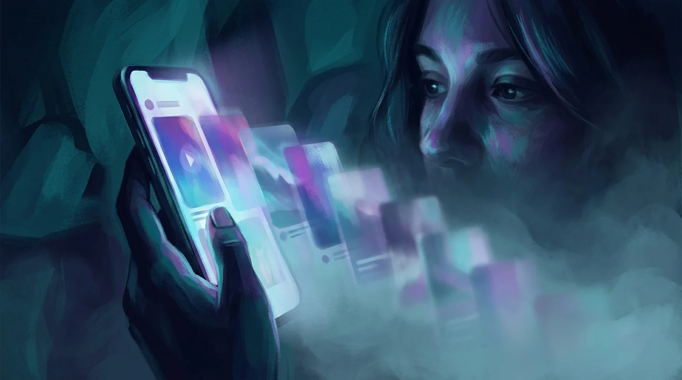 Glowing smartphone screen reflecting on a person's face while swiping through Instagram Reels