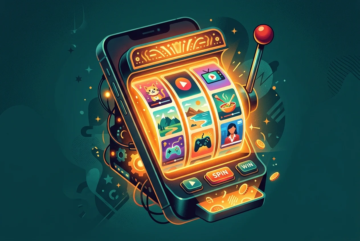 Abstract visualization of a smartphone screen morphing into slot machine reels with content tiles