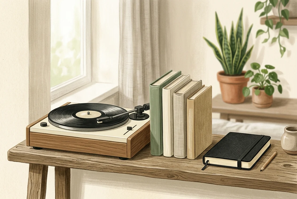 Vinyl record player beside a paper planner and a glass of water on a minimalist desk